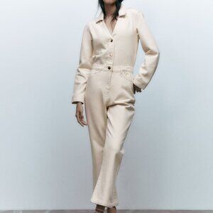 NEW Zara Cream Denim Gold Button Long Sleeve Jumpsuit Sz M